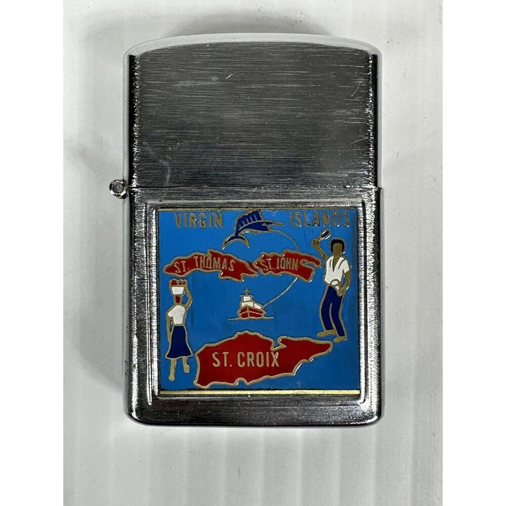 VINTAGE PENGUIN FLIP TOP CHROME CIGARETTE LIGHTER U.S. VIRGIN ISLANDS SOUVENIR‎
